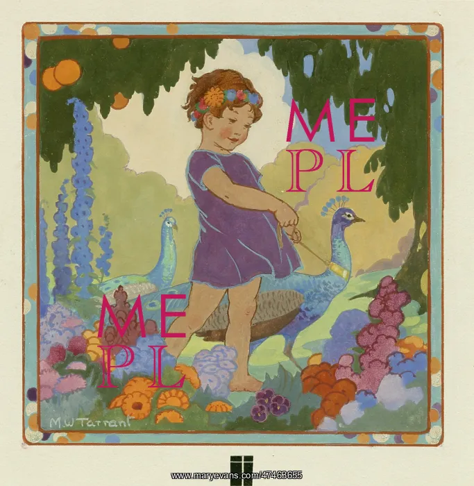 : Child with two peacocks and flowers in foreground : Child with two peacocks and flowers in foreground