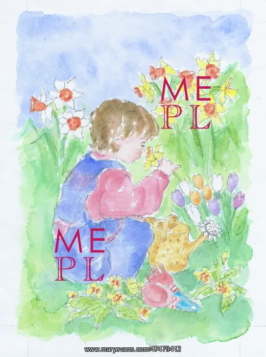  : Child Picking Flowers - with watering can