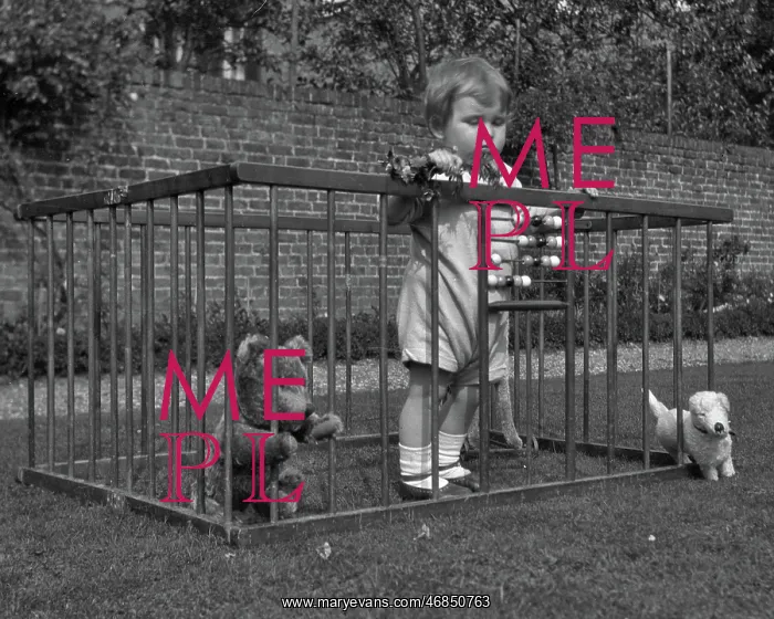 : Child in a playpen in a garden : Child in a playpen in a garden