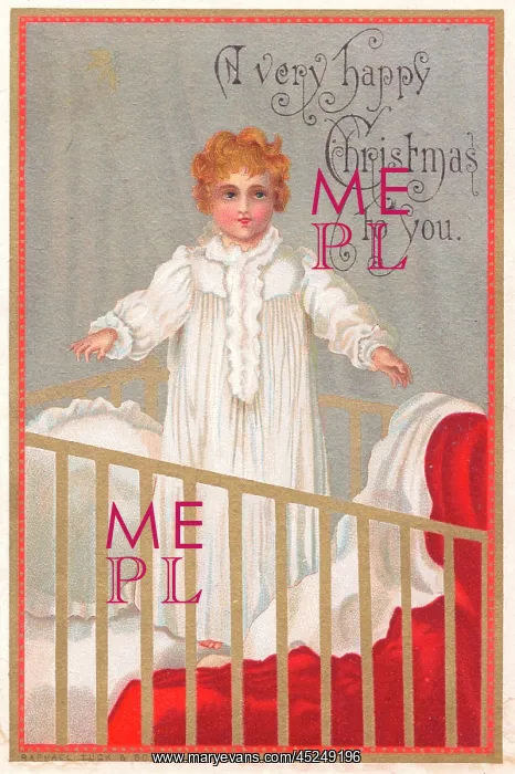  : Child standing up in a cot on a Christmas card