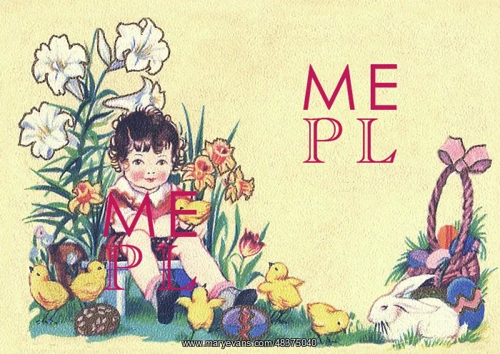 : Child surrounded by flowers, chicks and Easter eggs : Child surrounded by flowers, chicks and Easter eggs