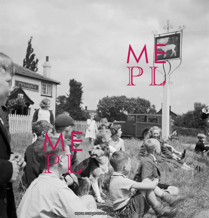 : Children. A group of children sit on the grass outside the White Hart Inn at Debden : Children. A group of children sit on the grass outside the White Hart Inn at Debden