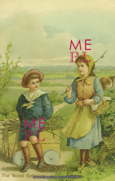  : Children. Wood Gatherers'. Boy and girl gathering twigs in wooden cart