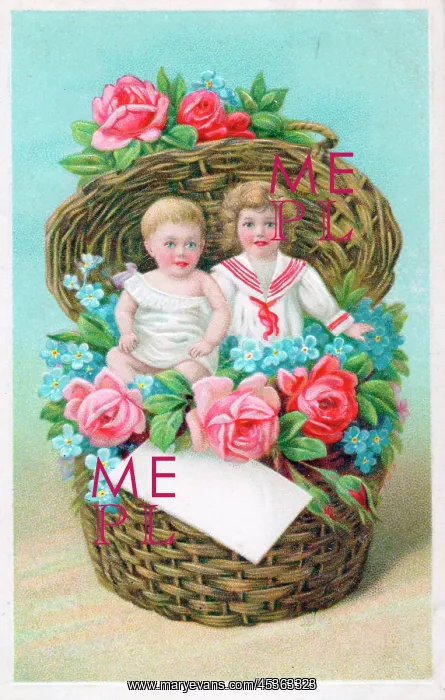 : Children in a basket of flowers on a greetings postcard : Children in a basket of flowers on a greetings postcard