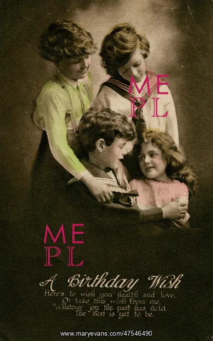 : Four children on a birthday postcard : Four children on a birthday postcard