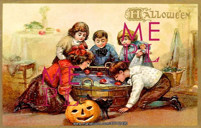 : Children bobbing for apples in a barrel : Children bobbing for apples in a barrel