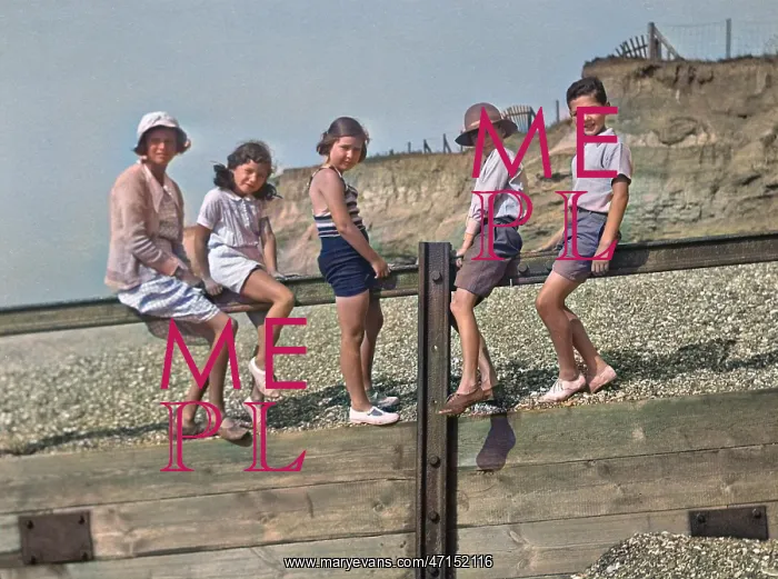 : Five children on a breakwater at the seaside : Five children on a breakwater at the seaside
