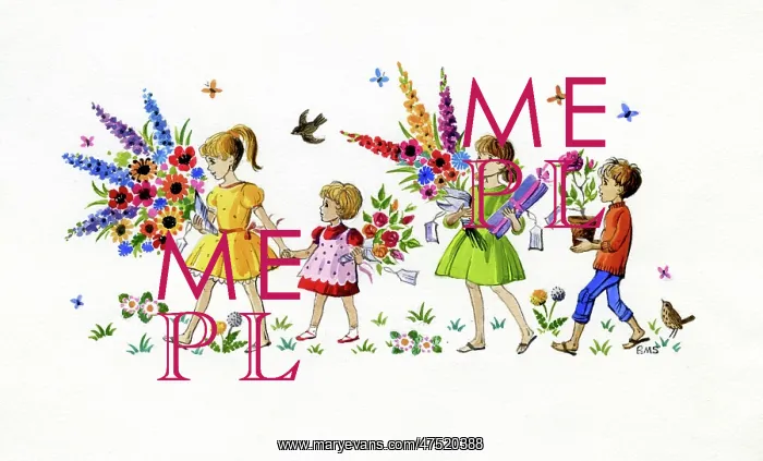 : Four children bringing birthday bouquets : Four children bringing birthday bouquets