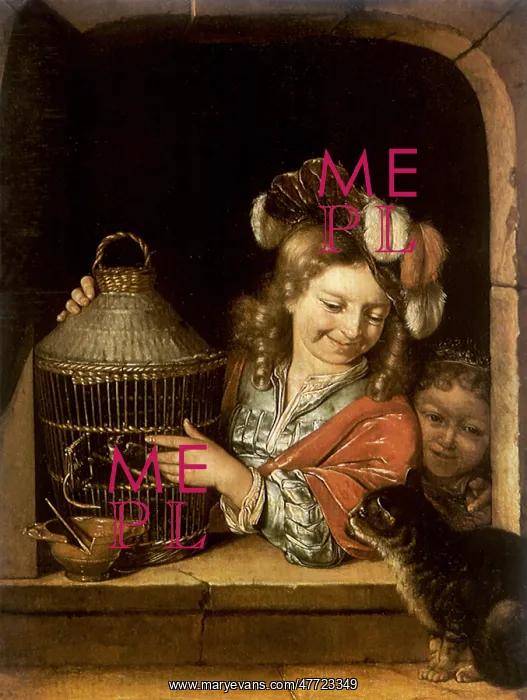 : Children with Caged Bird and Cat : Children with Caged Bird and Cat