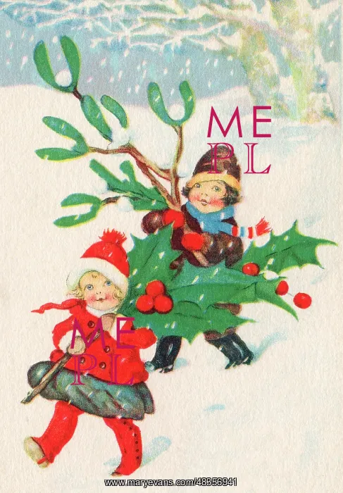 : Children carrying holly and mistletoe : Children carrying holly and mistletoe