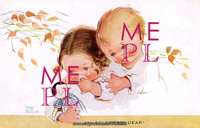 : Two children crying over a sick dolly : Two children crying over a sick dolly