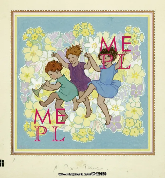 : Three children dancing with flowers behind : Three children dancing with flowers behind