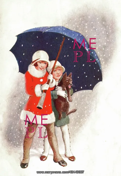 : Two children and dog sheltering from the snow : Two children and dog sheltering from the snow