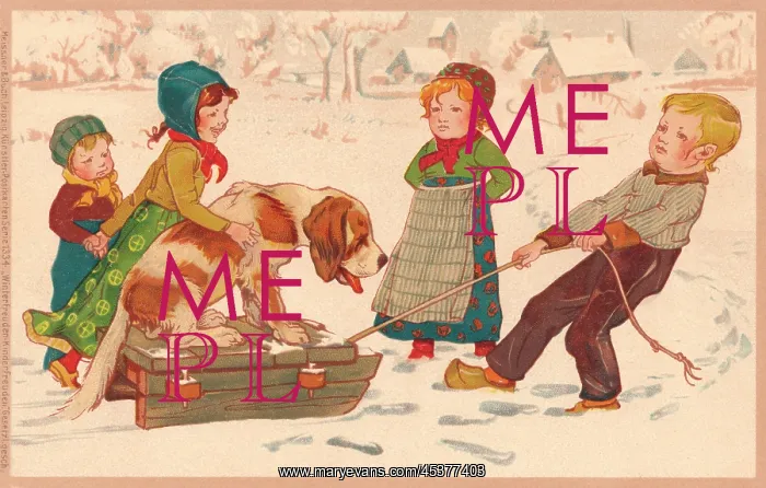 : Children with a dog on a sledge : Children with a dog on a sledge