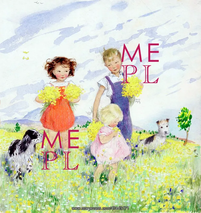  : Three Children and Two Dogs in a buttercup field