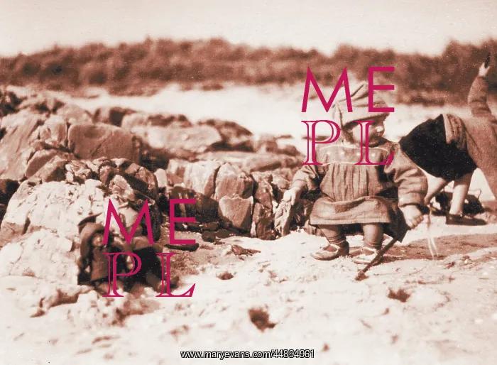 : Two children with dolls on a beach, Scotland : Two children with dolls on a beach, Scotland