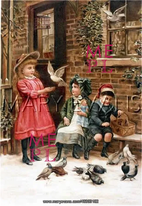 : CHILDREN FEED BIRDS 1894 : CHILDREN FEED BIRDS 1894