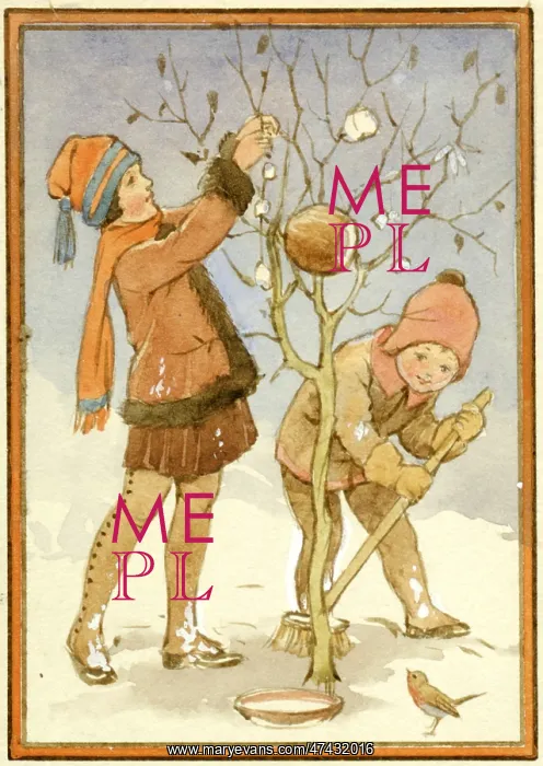 : Two children feeding the birds in winter : Two children feeding the birds in winter