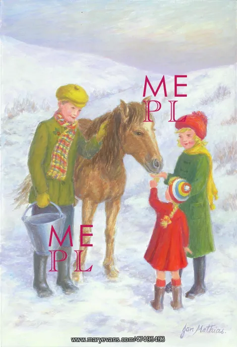  : Three children feeding a pony in the snow
