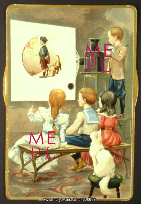 : Four children with a film projector : Four children with a film projector