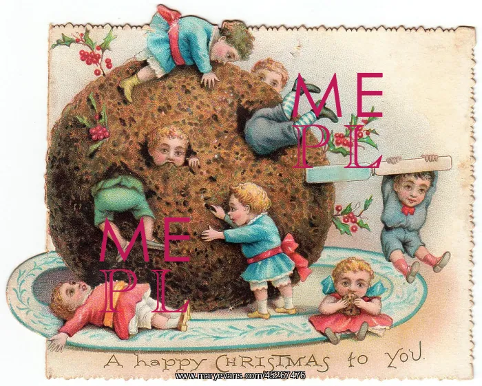 : Children with large pudding on a Christmas card : Children with large pudding on a Christmas card