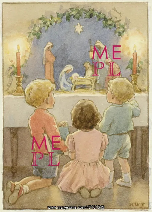 : Three children look upon a nativity scene : Three children look upon a nativity scene