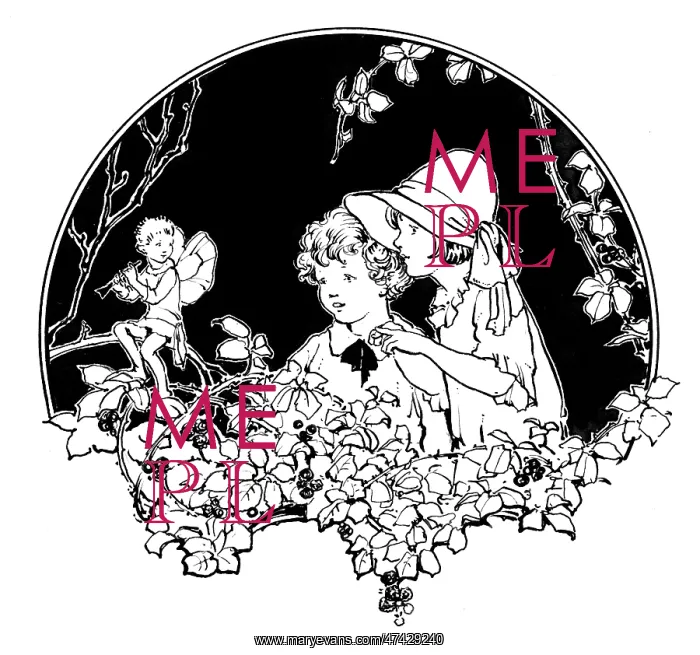 : Children looking at fairy on brambles playing pipe : Children looking at fairy on brambles playing pipe