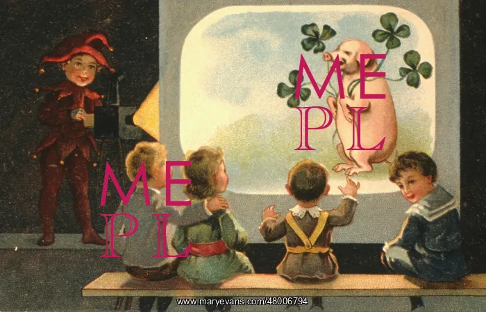 : Children looking at a pig projected onto a screen : Children looking at a pig projected onto a screen