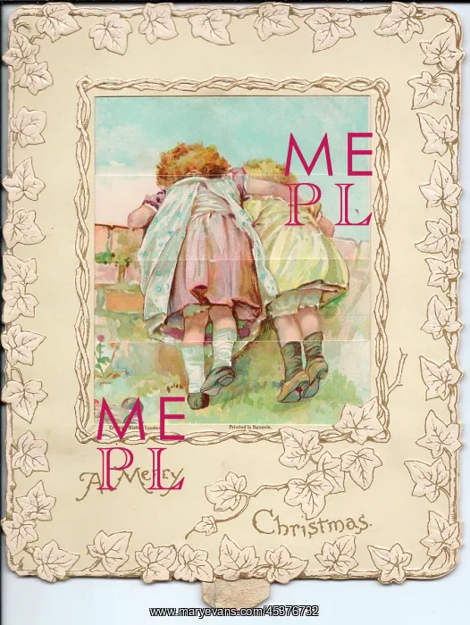 : Two children looking over a wall on a Christmas card : Two children looking over a wall on a Christmas card