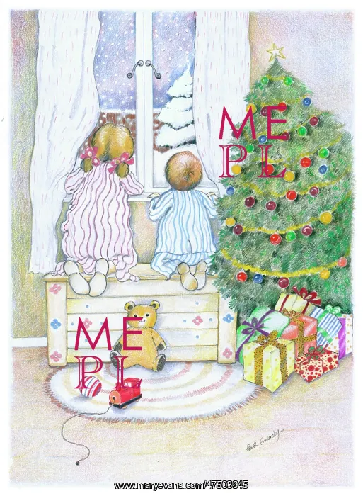 : Children looking out of window at Christmas : Children looking out of window at Christmas