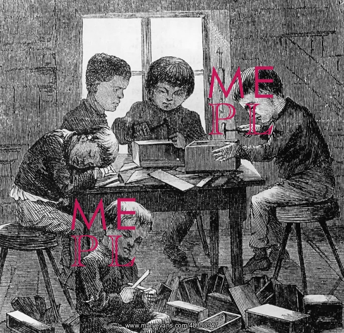 : Children making cigar boxes, 1857 : Children making cigar boxes, 1857