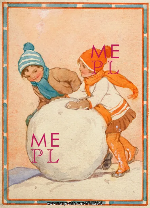 : Two children making a huge snowball : Two children making a huge snowball