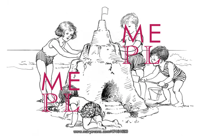: Four children making sand castle : Four children making sand castle