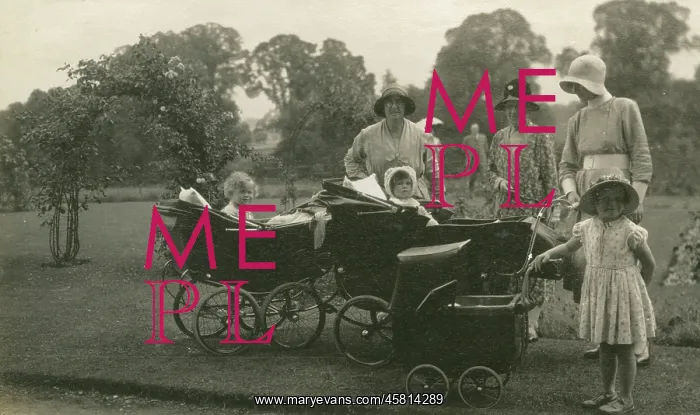 : Children with their nurses and prams at Oddington House : Children with their nurses and prams at Oddington House