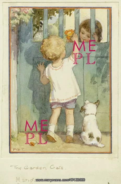 : Children passing marigolds through gate with dog : Children passing marigolds through gate with dog