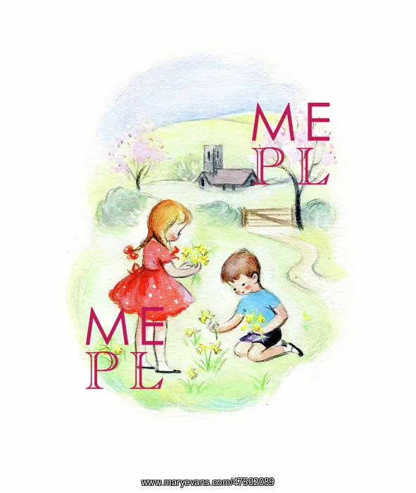 : Two children picking daffodils : Two children picking daffodils