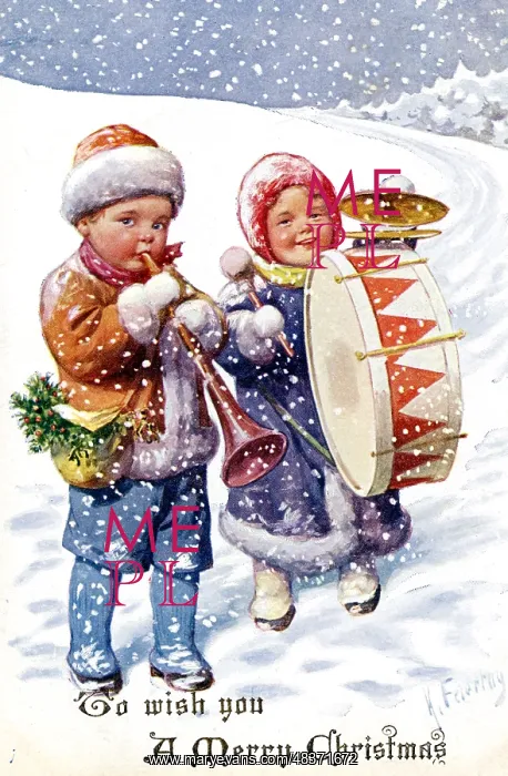 : Children playing instruments in the snow : Children playing instruments in the snow