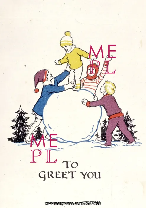 : Four children playing with a large snowball : Four children playing with a large snowball