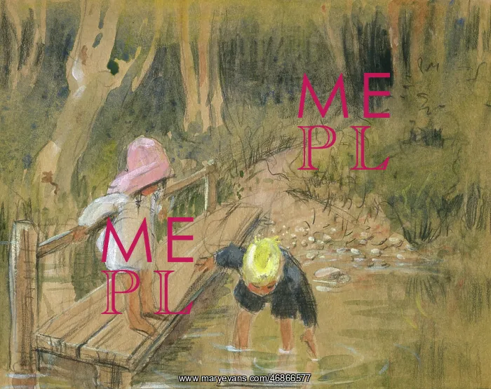  : Two children playing in a stream by Muriel Dawson