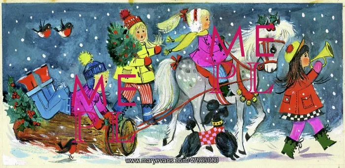 : Four children and poodle with log in the snow : Four children and poodle with log in the snow