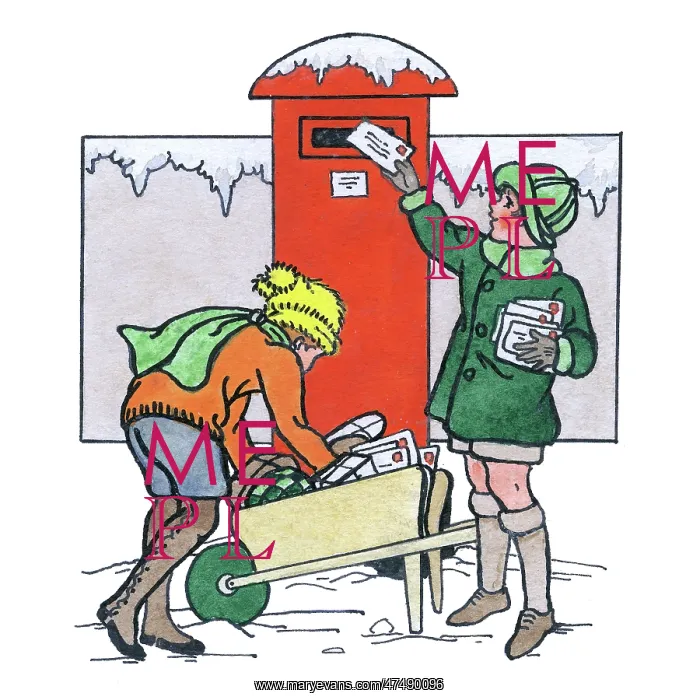 : Two children posting letters in snow : Two children posting letters in snow