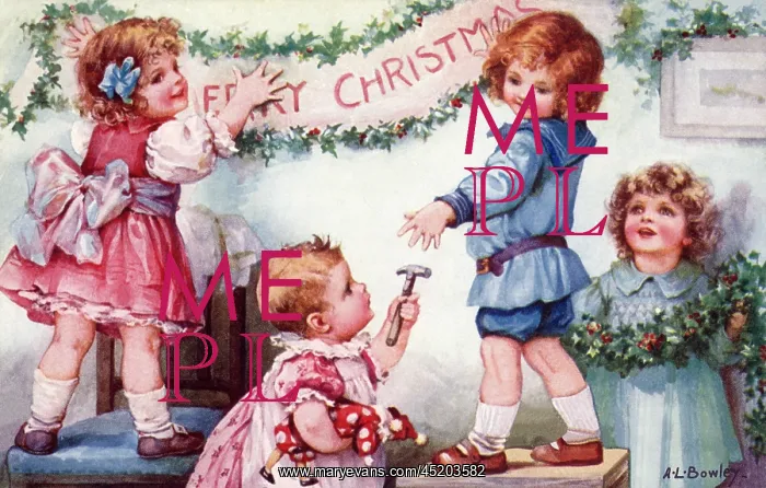 : Four children putting up Christmas decorations : Four children putting up Christmas decorations