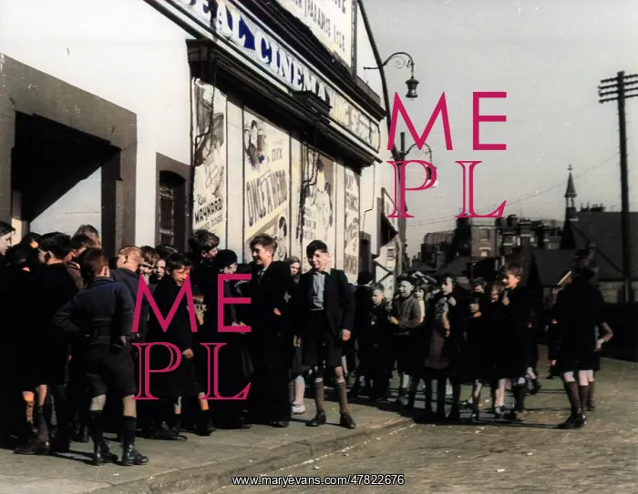 : Children queuing outside cinema : Children queuing outside cinema