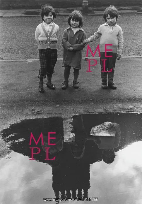 : Three children with reflective puddle : Three children with reflective puddle