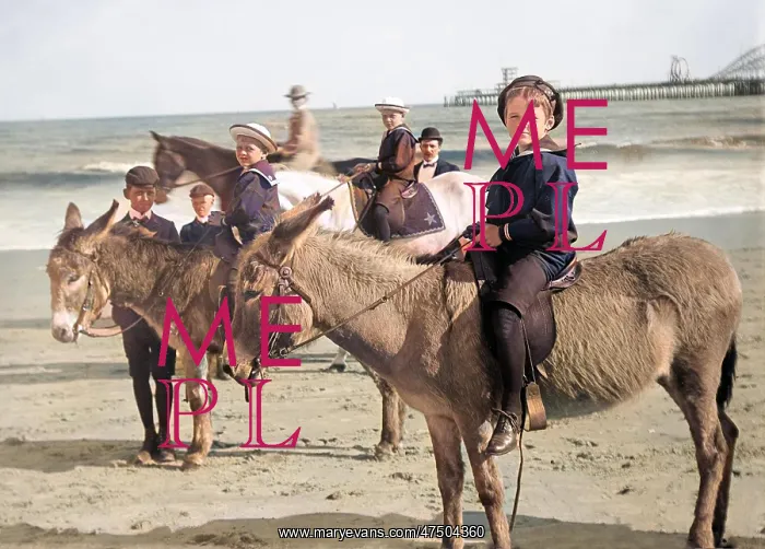  : Children riding donkeys on a beach, probably in Atlantic Cit