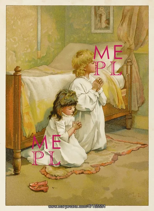: Two children saying their prayers before bed : Two children saying their prayers before bed