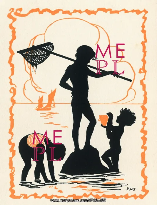 : Three children at the seaside with fishing net : Three children at the seaside with fishing net