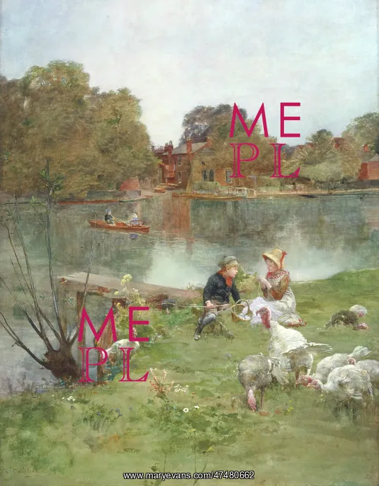  : Children sitting by a lake with turkeys