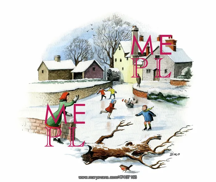  : Children skating on the ice by a water mill