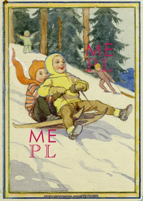 : Two children sledgeing down hill in the snow : Two children sledgeing down hill in the snow